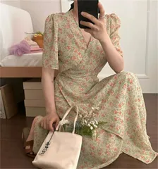 カジュアル エレガント ロング 膝下丈 花柄ワンピース[K](T)