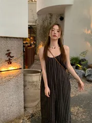 カジュアル ロングパンツ ストライプ柄 オールインワンサロペット[K](T)