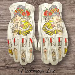 冬用　レザーグローブ　バイク　タトゥー　アメリカン　カスタム　裏起毛　手袋 牛革 冬用 保温綿 裏起毛 レザーグローブ スカル アメリカン バイク