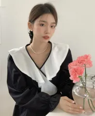 レトロ ゆったり パフスリーブ 折り襟 フリル 着丈 ロング ロングワンピース[K](T)