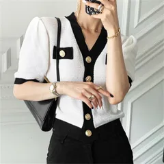 長袖 ニット生地 Vネック 配色 シングルブレスト 切り替え セーターカットソー[K](T)