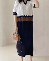 ニット生地 vネック おしゃれ ニットワンピース[K](T)