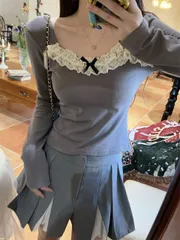 長袖レース飾りシャツブラウス (T)