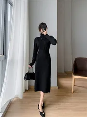 ニットワンピース タートルネック 快適 ロングスカート[K](T)