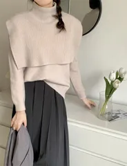 エレガントデザイン Vネック ニットトップス セーター タートルネック 2点セット[K](T)