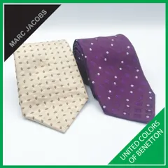 ✱MARC JACOBS / BENETTON（マークジェイコブス / ベネトン）✱ ネクタイ 2本セット まとめ売り シルク 小紋柄 ドット柄 ベージュ パープル 紫 ビジネス フォーマル 紳士服 メンズ アクセサリー ブランド 卒業式