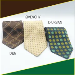 ✱D&G／GIVENCHY／D’URBAN（ドルチェ&ガッバーナ／ジバンシィ／ダーバン）✱ ネクタイ 3本セット まとめ売り 高級シルク ロゴ柄 チェック柄 ドット柄 小紋柄 ブラウン ベージュ グリーン ビジネス フォーマル スーツ