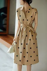 計算された美シルエット ロングスカート シャツワンピ スリム レトロ ドット ワンピース (T)