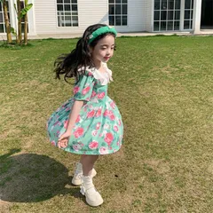 子供服 新品 半袖ワンピース 花柄 ロングスカート (T)