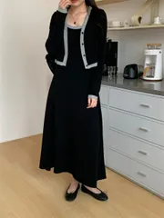 韓国ファッション キャミワンピ セットスリム 短めのカーディガン (T)