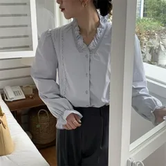 Vネック上着 レース 長袖シャツ (T)