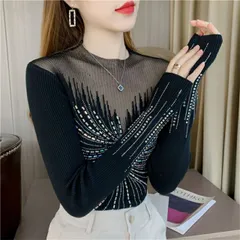 秋冬 ニットトップス 縫付 レース カジュアル (T)