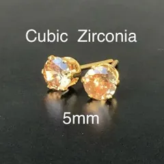 164、サージカルステンレスポストピアス、キュービックジルコニア、シャンパン、5mm、ゴールド、ハンドメイド