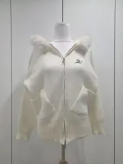 白ファー フード ニット ジップアップ