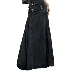 スカート ロングスカート デニムスカート Aライン サイドプリーツ ブラックデニム 幅広ウエスト ローライズ カジュアル ロックテイスト