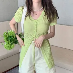 透け感 スリット ニット生地 Vネック シングルブレスト セーターカットソー[K](T)