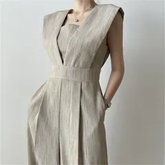 ノースリーブーブ スクエアネック ハイウエスト ロングパンツ オールインワンサロペット[K](T)