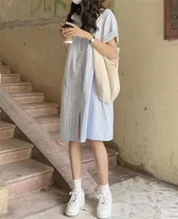 着回し力抜群 ストライプ柄 シングルブレスト ストレートスカート ワンピース[K](T)