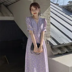 レトロ エレガント Vネック 花柄 プリントワンピース[K](T)