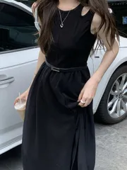 透け感スリット ノースリーブーブ ラウンドネック キャミソールワンピース[K](T)