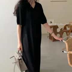 カジュアル 韓国ファッション Vネック 半袖 ニット生地 カジュアルワンピース[K](T)