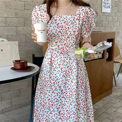 柔らかい チェリープリント ドレス エレガント Vネック 花柄 ロングワンピース 韓国ファッション[K](T)