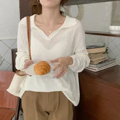 薄いカジュアル ニットトップス 透かしゆったり体型カバーTシャツ 折り襟ブラウス[K](T)