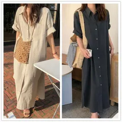 種類1：1#/フリーサイズ シャツワンピース ロング丈ワンピース レディース 半袖 (T)