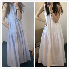 ワンピース レディース ロング丈 ノースリーブ ラウンドネック 無地 綿混 きれいめ かわいい おしゃれ 大人 ナチュラル 楽ちん 涼しい 通勤 通学 旅行 マキシワンピ 春夏 ゆったり 体型カバー トレンド ホワイト ブラック ブルー 白 黒 韓国ファッショ