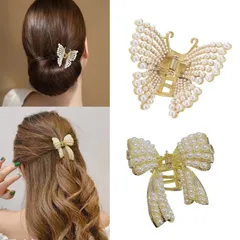 【特価商品】【2個セット】バンスクリップ 小さめ パールのミニバンスクリップ 蝶々 デイジー ネクタイ 前髪クリップ パールビーズ ミニ キラキラ小さめ ヘアクリップ レディース 可愛い ラインストーン バレッタ 髪留め 人気 ヘアアクセサリー (B)