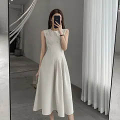 韓国風 ミドル丈ワンピース レディース ラウンドネック (T)