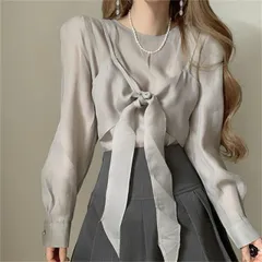 ブラウス シャツ 長袖ブラウス レディース 透け感あり ラウンドネック (T)