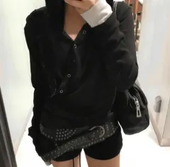 エイブリー Hamong market スナップWHOフーディー ブラック フード 長袖Tシャツ