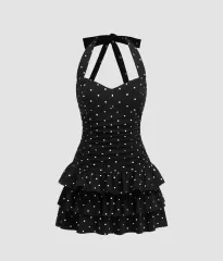 ショップサイダー Shopcider ブラック ドット フリル ホルターネック ミニ ONE PIECE