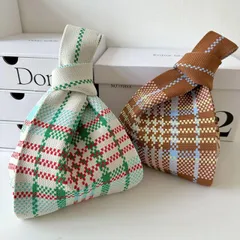 ハンドバッグ　ニットバッグ　デザイン　韓国ファッション　レディース　かわいい　チェック柄 (T)