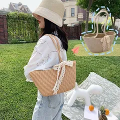 カゴバッグ 肩掛けバッグ 2WAY クサ編み 無地 大容量 レースリボン 2色 出掛け[K](T)