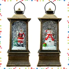 【在庫処分】アンティーク風ランタン型スノードーム インテリア クリスマス プレゼント (サンタ＆雪だるま)