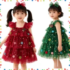 【人気商品】キッズ イベント ベビー服 女の子 コスチューム チュールワンピース 可愛い チュチュスカート ふんわり ワンピース 袖なし 仮装 ガールズ クリスマス衣装 ツリー 演出服 クリスマスツリー 73 80 ドレス 90 子供 100 110 サンタコ