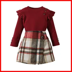 【特価商品】お洒落 可愛い セット スカート トップス ベビー服 100-130cm 上下セット キュロットスカート チェック柄 プルオーバー ニット 長袖 セットアップ 女の子 子供服 [Miipat]