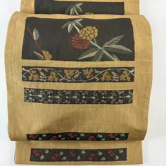【美品】 袋帯 名品 木屋太 落款 紬地 草花 黄土色 六通 正絹 【中古】