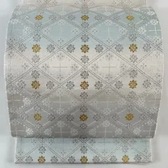 【美品】 袋帯 名品 斜め格子 花 金銀糸 クリーム 六通 正絹 【中古】