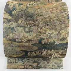 【美品】 袋帯 名品 建物 桜の木 箔 金糸 深緑 全通 正絹 【中古】