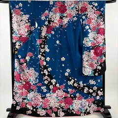 【美品】 振袖 身丈169cm 裄丈68.5cm L 袷 洗える着物 牡丹 桜 金彩 染め分け 青 化繊 優品 【中古】
