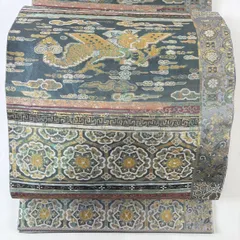 【美品】 袋帯 名品 服部織物 落款 こはく錦 龍 華文 箔 灰緑 六通 正絹 【中古】