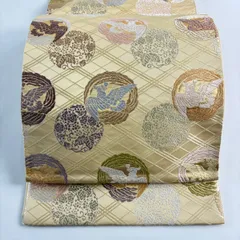 【美品】 袋帯 名品 吉祥文様 鳥 箔 唐織 ベージュ 六通 正絹 【中古】