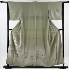 付下げ 身丈156cm 裄丈64cm M 袷 建物 人物 刺繍 金糸 灰緑 正絹 秀品 【中古】