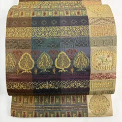 【美品】 袋帯 秀品 樹木 幾何学模様 ベージュ 六通 正絹 【中古】