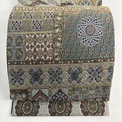 【美品】 袋帯 名品 華文 幾何学模様 箔 金糸 灰色 六通 正絹 【中古】
