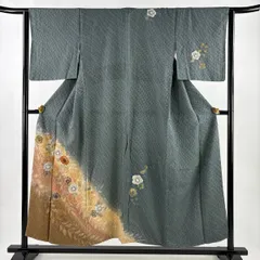 付下げ 身丈153cm 裄丈64cm M 袷 辻が花柄 地紋 金銀彩 ぼかし 灰緑 正絹 秀品 【中古】