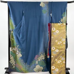 振袖 身丈166cm 裄丈67.5cm L 袷 袋帯フルセット 桜 草花 金通し 絞り 青 正絹 名品 【中古】